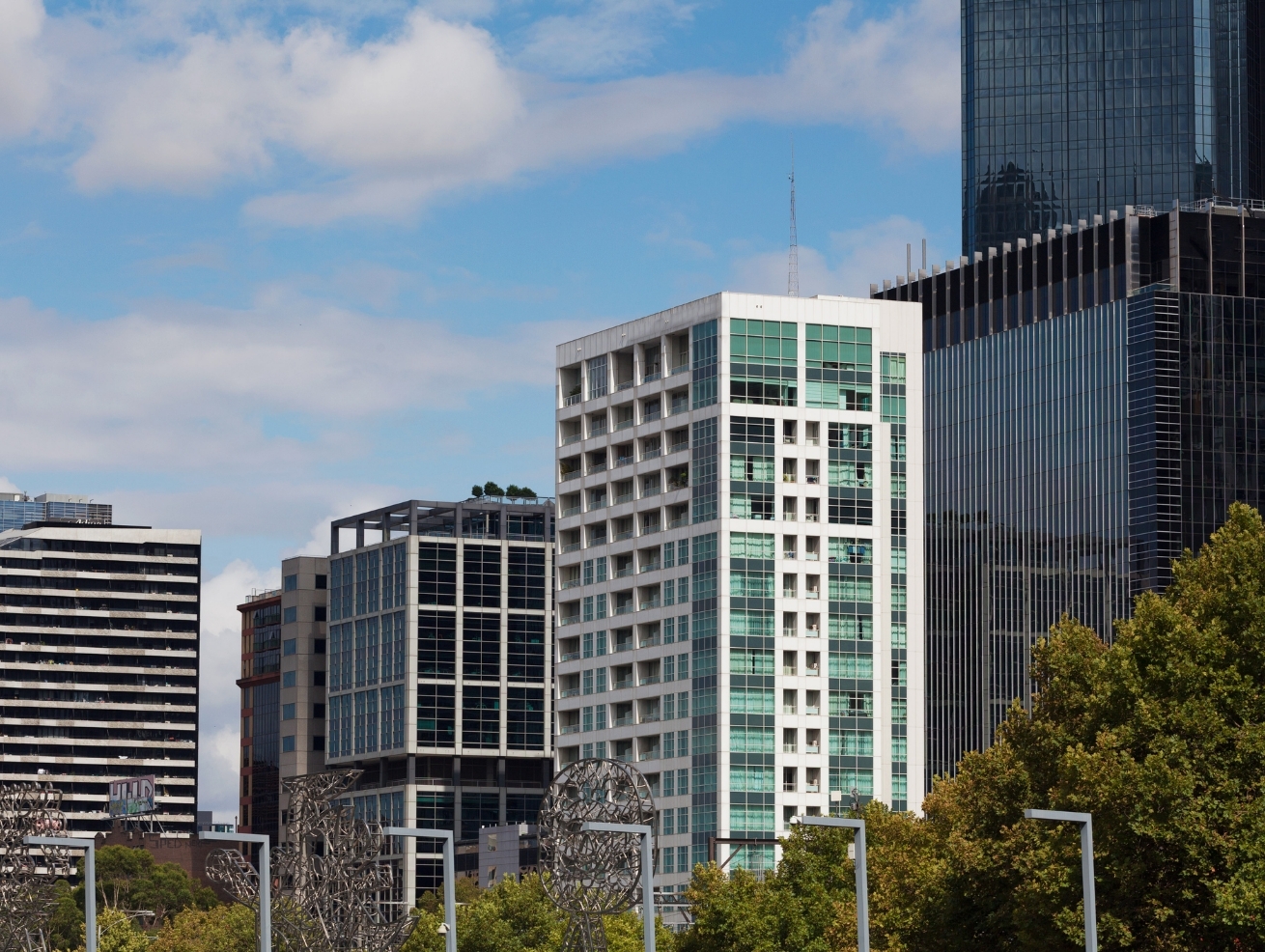 Closeup view of high rise office buildings and skyscrapers in Melbourne